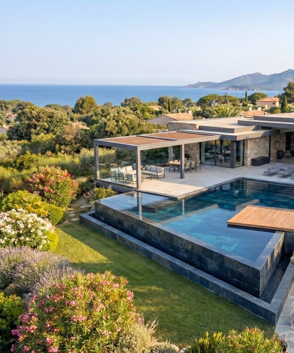 Aménagement extérieur de prestige autour d'une piscine en Corse du Sud